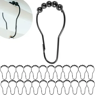 Duschvorhang Ringe, 24 Stück, in Schwarz, mit Kugel-Gleitsystem, 7 x 3,9 cm Größe, für Duschvorhangstangen, aus Metall, Schwarze Ring Duschgardine, Duschvorhangringe, Duschvorhang Haken, Metallringe