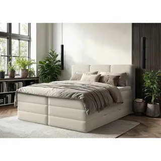 Mid.you Boxspringbett , Creme , Kunststoff , H2 + H3 , Höhe ca. 19 cm , 180x200 cm , Made in Europe , Bettkasten, gepolstertes Kopfteil, Topper durchgehend, Wendematratze mit unterschiedlichen Härtegraden, Matratze geteilt , Schlafzimmer, Betten, Boxspringbetten
