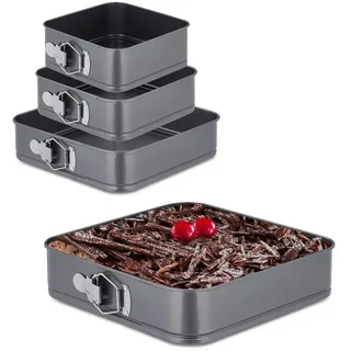 Relaxdays 4-tlg.SPRINGFORM-SET , Anthrazit , Metall , Quadratisch , 28x6.5x28 cm , antihaftbeschichtet , Backen & Backzubehör, Backformen, Springformen