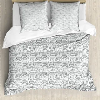 ABAKUHAUS Tee-Party Bettbezug, Geschirr Muster, Milbensicher Allergiker geeignet mit Kissenbezügen, 200 cm x 200 cm - 80 x 80 cm, Grau weiß