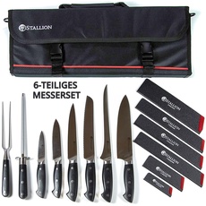 Stallion Professional Koch Messerset mit Tasche - 6 tlg. Profi Messerset mit Messertasche für Köche - Aus deutschem 1.4116 Messerstahl - Profi Kochmesser Set Tasche inkl. Wetzstahl und Fleischgabel