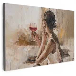 MuchoWow Leinwandbild Ölgemälde - Frau - Wein XXL 150x100 cm , Hellbraun , Textil , Kiefer , Rechteckig , 150x100 cm , FSC 100% , gerahmt , Bilder & Rahmen, Bilder, Leinwandbilder