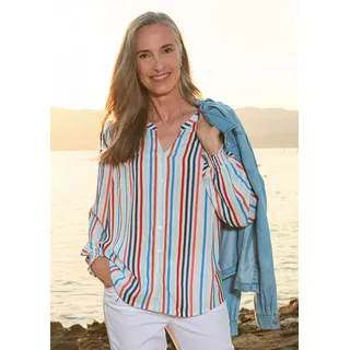 Klassische Bluse GOLDNER "Kurzgröße Streifenbluse mit Smokdetails", Damen, Gr. 24, blau (blau, koralle, weiß, gestreift), Obermaterial: 100% Viskose CV., figurumspielend, V-Ausschnitt, Blusen Klassische Bluse, Sattel an Schulter und Rückteil