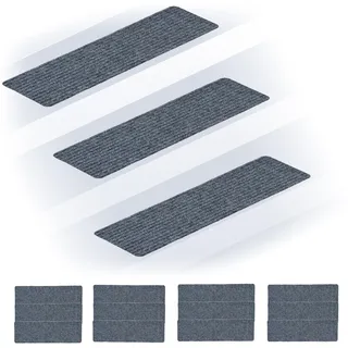 Relaxdays Stufenmatten 16er Set, rechteckige Treppenstufenmatten, 65 x 20 cm, selbsthaftende Treppenteppiche, hellgrau