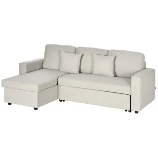 Homcom Ecksofa mit Bettfunktion, Eckcouch inklusive 2er-Sitz Sofa, Einzelbett, L-Form Schlafsofa mit Stauraum, 2 Kissen im Leinenoptik für Wohnzimmer Cremeweiß