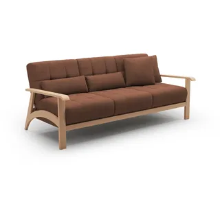 Cavadore 3er-Sofa Billan / 3-Sitzer Schlafsofa im skandinavischen Design mit Bett und massivem Holzgestell in Buche / 199 x 88 x 106 / Mehrfarbiger Strukturstoff, Rot-Braun