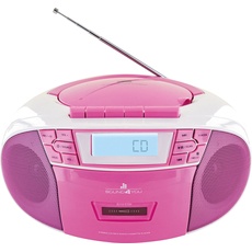 SCHWAIGER 661668 CD-Player mit Kassette und Radio MP3 USB Anschluss FM Radio AUX Kopfhörer Boombox Netz- und Batteriebetrieb Display tragbar pink
