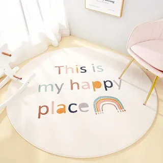 AIMECO Kinderteppich Rund 100CM - Weicher Kuscheliger Teppich für Kinderzimmer Mädchen Schlafzimmer, Motiv Alphabet Regenbogen, Dünn & Pflegeleicht
