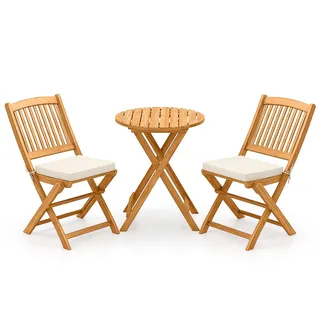 FANTASK 3tlg. Gartenmöbel Set, Runder Bistrotisch mit 2 Stühlen, klappbares Balkonmöbel-Set aus Akazienholz, Bistroset inkl. Rundtisch & 2 Stühlen mit 2 Kissen, Sitzgruppe für Garten, Balkon (Beige)