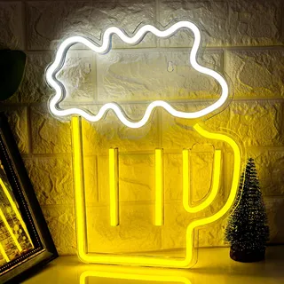 ineonlife Bier Neon Schild Leuchtreklame Zeichen Gelb Weiß Led Schild Neonlicht Dekorative Wandleuchten für Bar Pub Nachtclub Restaurant Store Festival Feier Dekoration Party Neon Sign