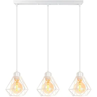 TOKIUS 3-flammig Hängelampe Retro Pendelleuchte im Industrial Design E27 Fassung Industrielle Lampe 16CM Eisen Käfig Weiß Hängeleuchte für Küche Esstisch (Pendellampe, Balken)