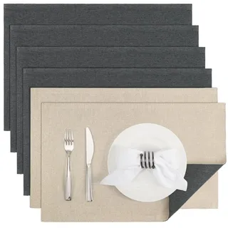 Banchif Tischsets abwaschbar doppelseitig Platzset Platzdecken abwaschbar | Platzsets abwaschbar Leinenimitat 6er Set doppelseitige Tischsets maschinenwaschbar rechteckig Platzdecken (Grau-Beige)