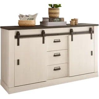 Furn.Design Aktenschrank weiß Pinie, anthrazit Landhaus, Sideboard 162 cm mit Soft-Close , Metall , Nachbildung,Pinie , 4 Fächer , 3 Schubladen , Sockel , 162x91x43 cm , FSC 100% , Büromöbel, Büroschränke, Aktenschränke