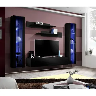 Wohnzimmer Wohnwand Lowboard Holz Wand Regale Design Schwarz Modern Set 5tlg - Schwarz