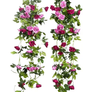 JUSTOYOU 2pcs 7.8FT zweifarbige künstliche gefälschte Rosengirlande Wein hängen Seide Blume künstliche Blume für Außen- und Innenhochzeit Wand schlechte Dekoration (Magenta)