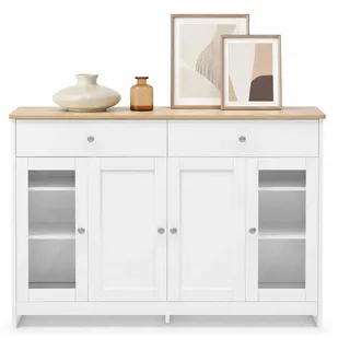Stilvora Sideboard in Naturfarben und Weiß Kommode mit Glastüren für Wohnzimmer und Esszimmer, B120/T37/H80 cm , Weiß, Naturfarben , Metall, Holzwerkstoff, Glas , 6 Fächer , Rechteckig,Rechteckig , 120x80x37 cm , Kleinmöbel, Kommoden, Sideboards