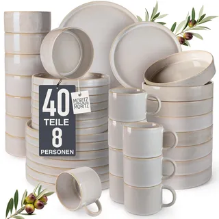 Moritz & Moritz Steingut Geschirrset 8 Personen Beige - Teller Set aus Steingut 40-teilig - Geschirr Set aus je Dinnerteller, Dessertteller, Suppenteller, Schüsseln und Tassen - Serie Castello