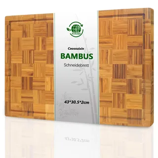 Caossuixin Large Schneidebrett Holz mit Saftrutsche(43x30.5x2cm), 100% Bambus Schneidebretter Holz, Holzschneidebrett für Küchenplatten, Schneidebrett Gross mit Rutschfeste Füße