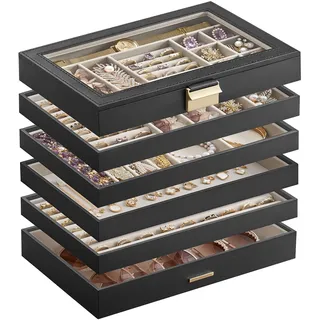 SONGMICS Schmuckkästchen 6 Ebenen, Schmucktablett stapelbar, Schmuckkasten groß, Schmuckbox mit Glasdeckel, 17 x 28 x 25,3 cm, Schmuckeinsatz für Schubladen, Geschenkidee, schwarz JBC195B01