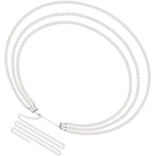 Plus-Size-Kettengürtel für Damen, 3-lagige weiße Kunstperlen-Taillenkette, verstellbarer, klobiger Gürtel von 85-150 cm (Silber)