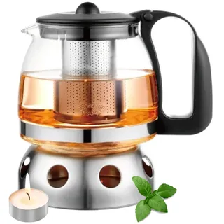 T24 Teekanne aus Glas mit Siebaufsatz Hitzebeständig herausnehmbaren Edelstahl Filter Sieb, Glasteekanne mit Teesieb & Überhitzungsschutz, Ideal zur Zubereitung von Losen Tees, (1250ml mit Stövchen)
