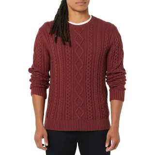Amazon Essentials Herren Pullover mit Langen Ärmeln und Rundhalsausschnitt aus 100% Baumwolle mit Zopfmuster, Ochsenblutrot, XS