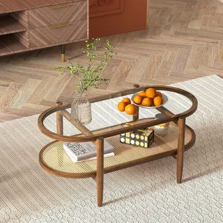 Couchtisch Oval Massivholz, Kaffeetisch Teetisch mit Glasplatte & Rattan Ablage, Wohnzimmertisch rustikaler Sofatisch Teetisch 102 x 56 x 47 cm, Akzenttisch Beistelltisch für Wohnzimmer, Braun - Braun