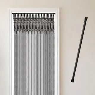 Cozyor Makramee Boho Vorhang mit Stange 70-120 cm ohne Bohren Türvorhang Fenstervorhang 132x200cm Raumteiler, Wandbehang & Deko schwarz, Hochzeit, Wohnzimmer handgemacht
