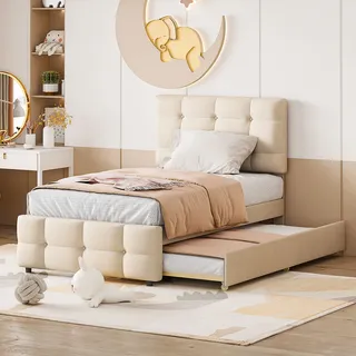 Merax Polsterbett 90x200cm mit Ausziehbett 90x190cm, Jugendbett mit verstellbarem Kopfteil und Lattenrost,Leinen Einzelbett Kinderbett Gästebett,Beige - Beige