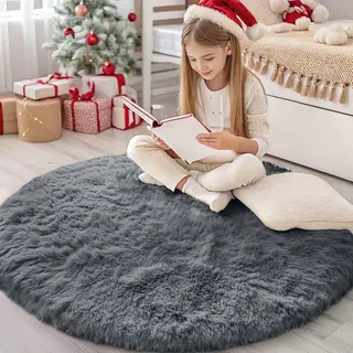 Homaxy Hochflor Waschbar Klein Teppich Wohnzimmer 120 cm Rund, Dunkelgrau