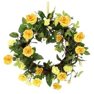 Flair Flower Kranz Rosen Rosenkranz Türkranz Wandkranz Blütenkranz Blumenkranz dekoriert Wanddeko Blüten Deko Künstliche Blume Haustür Geschenk Hochzeit Rosenblüten, Gelb, 8x32x32 cm, 088974G