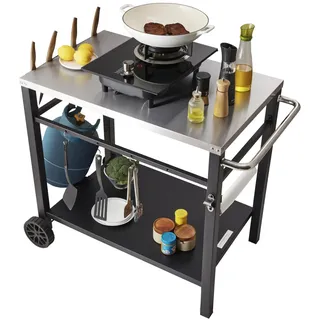 Vevor Servierwagen Küchenwagen 100 x 64 x 83,5 cm Outdoor-Grill-Esswagen mit Doppelter Ablage, Beweglicher Grilltisch für die Zubereitung von Speisen, Multifunktionale Tischplatte aus Edelstahl