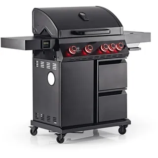 LANDMANN COOL BLACK 4.1 maxX Gasgrill | Grillwagen mit 4 Brennern, Seitenbrenner & maxX-Zone für bis zu 800 °C | Inkl. Warmhalte-Grillrost, großzügige Grillfläche, Doppelwanddeckel, Seitentische