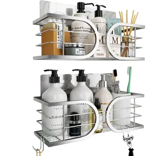 Adurei Duschablage ohne Bohren Edelstahl 304 Großes Fassungsvermögen Rostfrei Duschablage Duschkörbe Organizer Regal Badregal für Badezimmer und Toilette 2 Stück - Silber