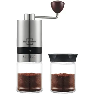 SILBERTHAL Manuelle Kaffeemühle aus Edelstahl & Glas – 6 Mahlgrade (Espresso bis Cold Brew) – Handkaffeemühle für Reisen, Camping & Zuhause – mit Geschenkbox