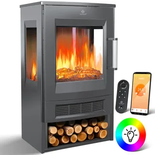 KESSER® Elektrokamin mit Heizung Panorama-Sichtfenster Heizlüfter 9 LED-Flammeneffekt Farbmodi Fernbedienung WiFi App 900/1800W Kaminfeuer elektrisch Elektro Kamin mit Thermostat Heizfunktion Timer - Schwarz