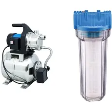 Güde 94637 HWW 1000E Hauswasserwerk (1000W, 3500l/h, Druckschalter, 19 l Edelstahltank, Förderhöhe 44M) & 94462 Typ B Wasserfilter, Blau, transparent