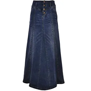ebossy Damen-Jeansrock, mittelhoher Bund, Used-Look, Rüschen, Swing, Meerjungfrau, Langer Jeansrock, 01 Dunkelblau, XX-Large
