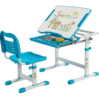 COSTWAY Kinderschreibtisch Set höhenverstellbar, Kindertisch und Stuhl mit neigbarer Tischplatte & Schublade, multifunktionaler Kinder Schreibtisch für Jungs & Mädchen (Blau) - Blau