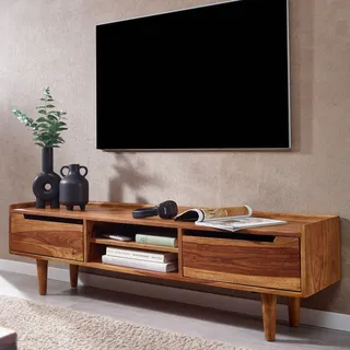 FineBuy Lowboard Sheesham Massivholz 145x43x35 cm TV-Kommode mit zwei Türen TV-Schrank Hoch Fernsehtisch Fernsehschrank Modern Fernsehkommode - Braun