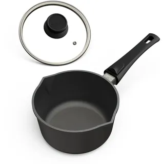 Hoffmann Kasserolle mit Stiel, Ausguß und Deckel Ø 18 cm I Milchtopf Antihaft beschichtet I Stielkasserolle Induktion I Induktionsherd I Glasdeckel I Aluguss Milchpfanne für Herd Induktionsgeeignet
