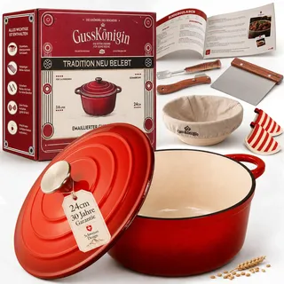 GUSSKÖNIGIN Brottopf 24 cm – Gusseisen Topf Brot Backen als Dutch Oven – Emaille Brotbacktopf & Brotbackform – Bratentopf/Schmortopf mit Deckel für Induktion – Gadgets für Bäcker - 30 Jahre Garantie