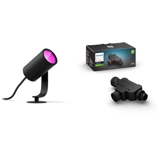 Philips Hue White & Color Ambiance Lily Gartenstrahler 1er schwarz 350lm Basis-Set & Outdoor T-Stecker, Zubehör Niedervolt-System, schwarz, wetterfest (IP67)