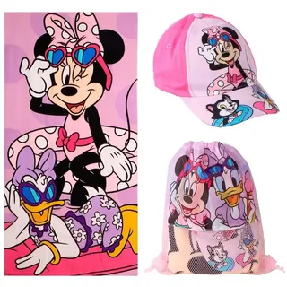Kinderhandtuch, Sack und Mütze Minnie für Strand und Pool – Set mit Handtuch, Schlafsack und Mütze für Kinder mit Kindermotiv