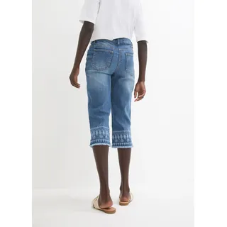 Caprijeans BONPRIX, Damen, Gr. 40, N-Gr, blau bleached, Denim/Jeans, Obermaterial: 82% Baumwolle, 17% Polyester, 1% Elasthan, slim fit, Jeans Caprijeans, Slim Fit Passform, Capri-Länge, mit Stickerei, Topseller