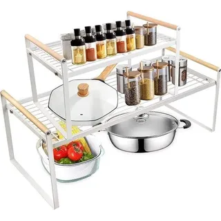 Unyqoos® 2er-Set freistehendes Küchen- & Gewürzregal aus Metall, weiß – Arbeitsplatten‐Organizer 50,2×21,5×21 cm + 32,5×21,5×21 cm - Weiß