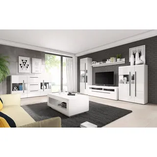Wohnzimmer Set inkl. Wohnwand Sideboard Couchtisch und Beleuchtung TURDA-83 in Hochglanz weiß mit Absetzungen in schwarz, B/H/T: ca. 320/204/50 cm - Weiß