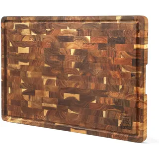 Zayiko Stirnholz Schneidebrett aus Akazie – Massives Holzbrett groß 53 × 38 × 3 cm – mit Saftrille & seitlichen Griffmulden – Holzschneidebrett auch als Servierbrett & Tranchierbrett – klingenschonend