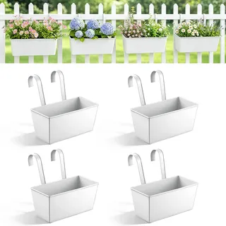 Yimomoyi 4 Stück Hängende Blumentöpfe für Balkon Geländer Zaun Garten, Metall Blumentöpfe Pflanzentöpfe Blumenkasten Pflanzkasten zum Aufhängen mit Abnehmbarem Haken (Weiß)