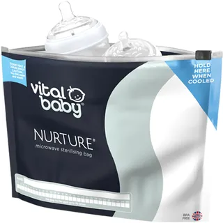 Vital Baby NURTURE Microwave Sterilising Bags - Reusable Sterilising Bags - Lightweight & Compact - Space Saving - No Chemicals - Sterilise Baby Bottles, Teats, Soothers & Accessories - 150 uses - 5pk